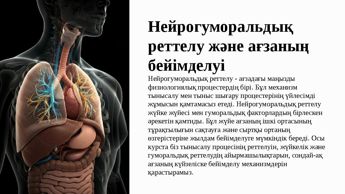 Нейрогуморальдық реттелу және ағзаның бейімделуі Нейрогуморальдық реттелу - ағзадағы маңызды физиологиялық процестердің бірі.