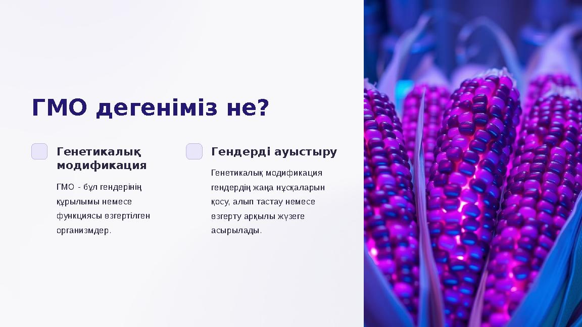 ГМО дегеніміз не? Генетикалық модификация ГМО - бұл гендерінің құрылымы немесе функциясы өзгертілген организмдер. Гендерді
