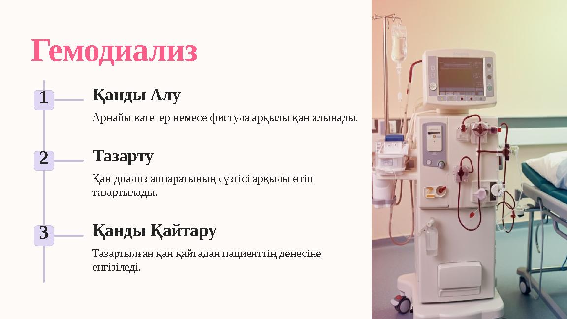 Гемодиализ 1 Қанды Алу Арнайы катетер немесе фистула арқылы қан алынады. 2 Тазарту Қан диализ аппаратының сүзгісі арқылы өтіп т