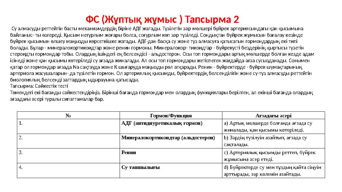 ФС (Жұптық жұмыс ) Тапсырма 2 Су алмасуды реттейтін басты механизмдердің біріне АДГ жатады. Түзілетін зәр мөлшері бүйрек артери