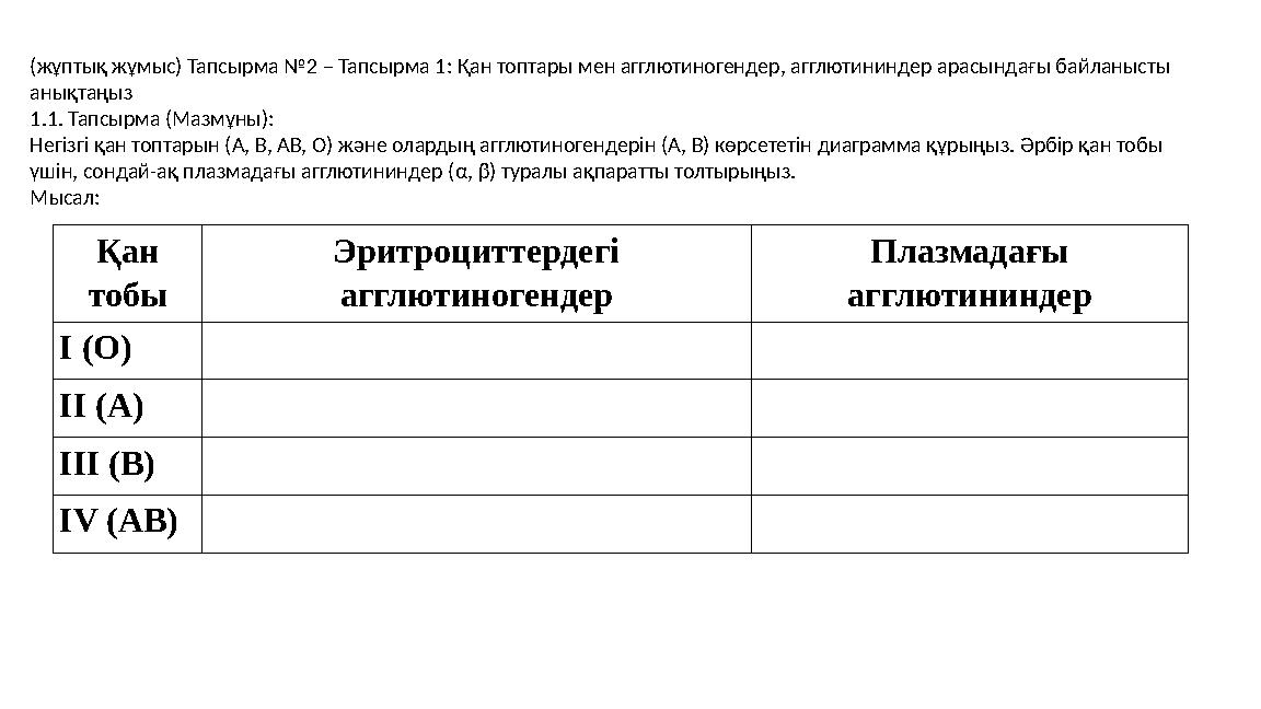 (жұптық жұмыс) Тапсырма №2 – Тапсырма 1: Қан топтары мен агглютиногендер, агглютининдер арасындағы байланысты анықтаңыз 1.1. Та