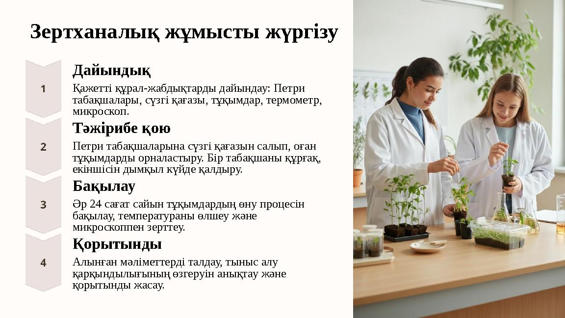 Зертханалық жұмысты жүргізу Дайындық Қажетті құрал-жабдықтарды дайындау: Петри табақшалары, сүзгі қағазы, тұқымдар, термометр,