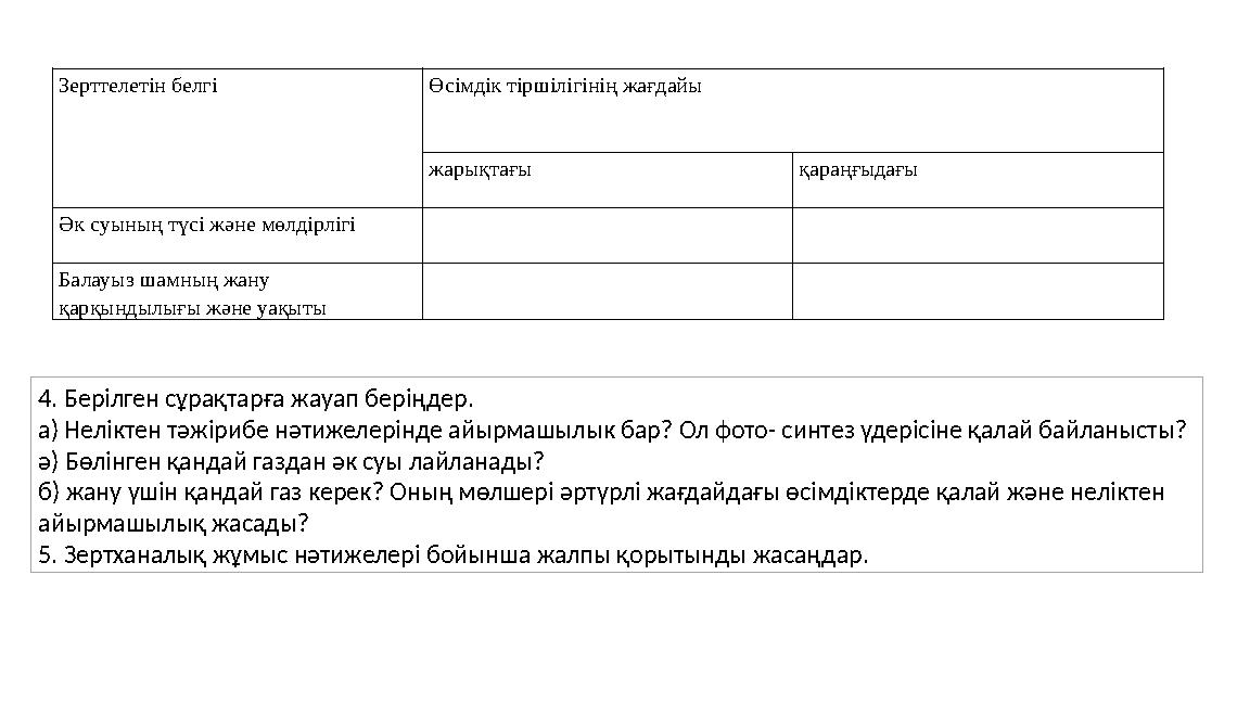 Зерттелетін белгі Өсімдік тіршілігінің жағдайы жарықтағы қараңғыдағы Әк суының түсі және мөлдірлігі Балауыз шамның
