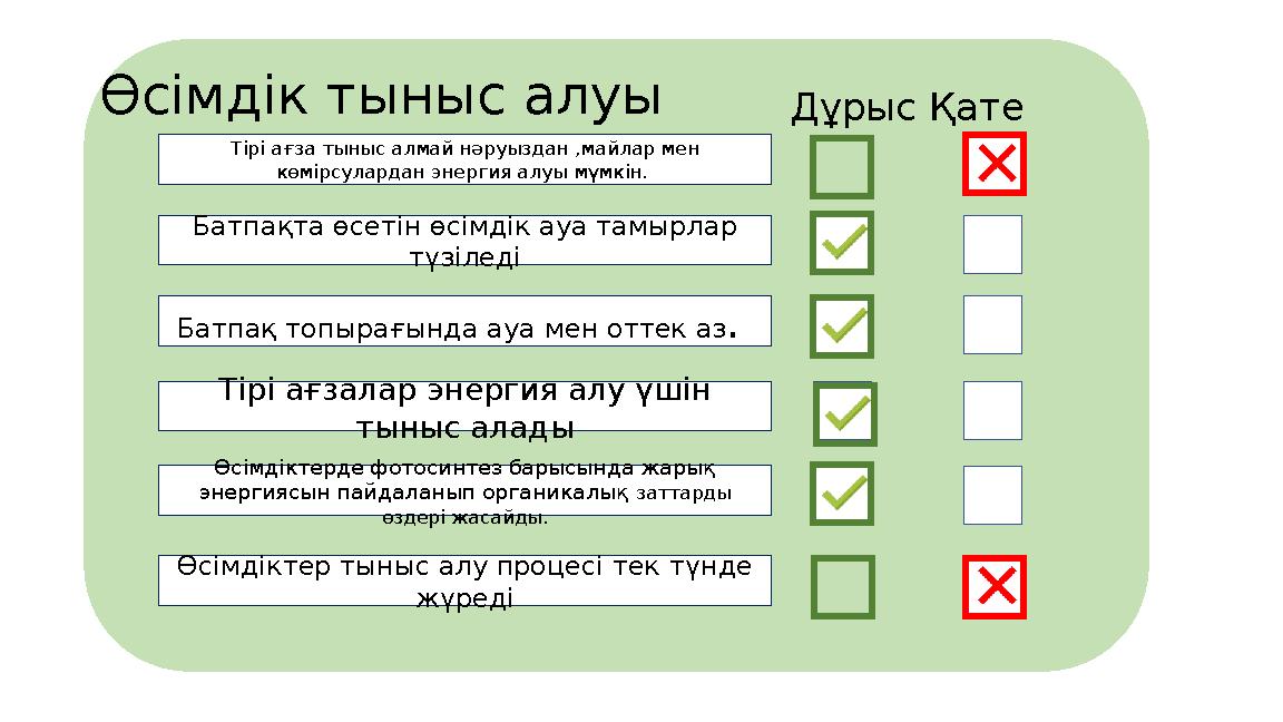 Өсімдік тыныс алуы Тірі ағза тыныс алмай нәруыздан ,майлар мен көмірсулардан энергия алуы мүмкін. ДұрысҚате Батпақта өсетін өс