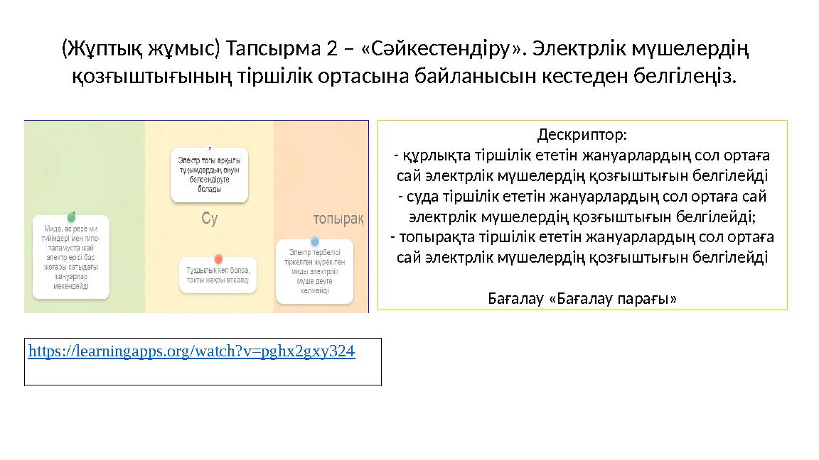 (Жұптық жұмыс) Тапсырма 2 – «Сәйкестендіру». Электрлік мүшелердің қозғыштығының тіршілік ортасына байланысын кестеден белгілеңі