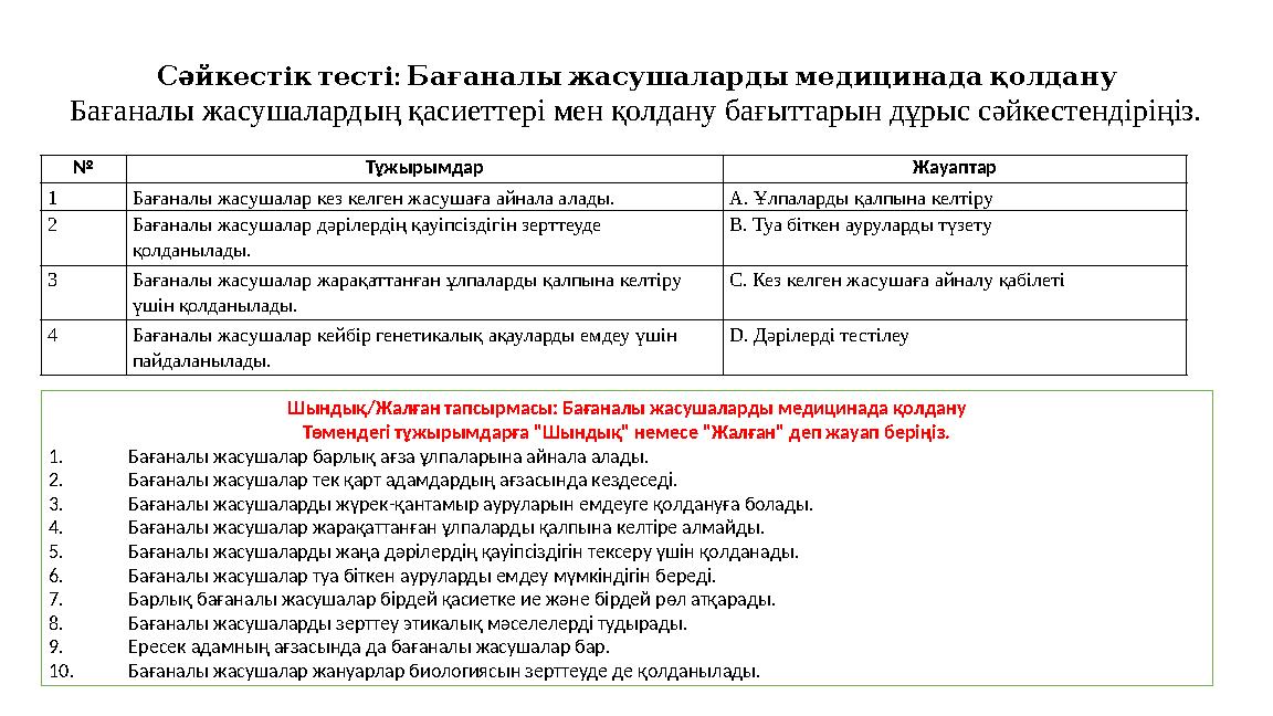 : Сәйкестіктесті Бағаналыжасушалардымедицинадақолдану Бағаналы жасушалардың қасиеттері мен қолдану бағыттарын дұрыс сәйкестен