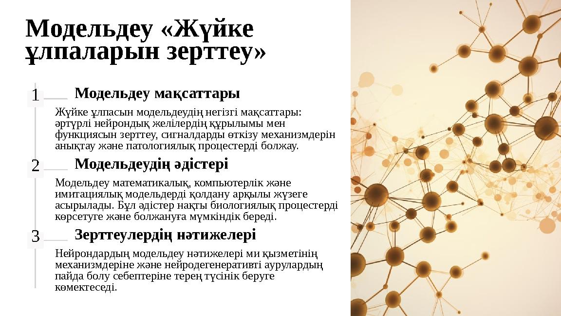 Модельдеу «Жүйке ұлпаларын зерттеу» 1 Модельдеу мақсаттары Жүйке ұлпасын модельдеудің негізгі мақсаттары: әртүрлі нейрондық же