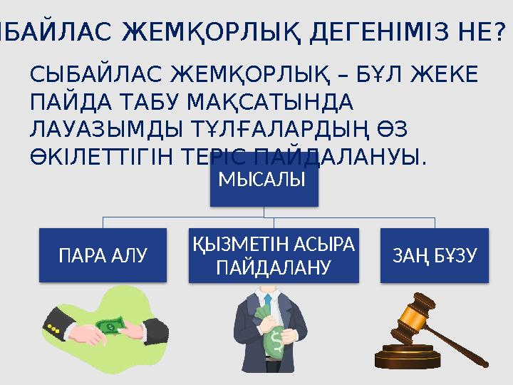 МЫСАЛЫ ПАРА АЛУ ҚЫЗМЕТІН АСЫРА ПАЙДАЛАНУ ЗАҢ БҰЗУ СЫБАЙЛАС ЖЕМҚОРЛЫҚ ДЕГЕНІМІЗ НЕ? СЫБАЙЛАС ЖЕМҚОРЛЫҚ – БҰЛ ЖЕКЕ ПАЙДА ТА
