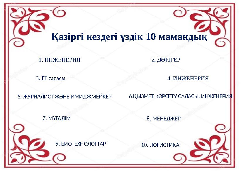 Қазіргі кездегі үздік 10 мамандық 1. ИНЖЕНЕРИЯ 5. ЖУРНАЛИСТ ЖӘНЕ ИМИДЖМЕЙКЕР 7. МҰҒАЛІМ 10. ЛОГИСТИКА9. БИОТЕХНОЛОГТАР 8. МЕНЕДЖ
