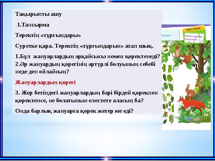 Тақырыпты ашу 1.Тапсырма Теректің «тұрғындары» Суретке қара. Теректің «тұрғындарын» атап шық. 1.Бұл жануарлардың әрқайсысы нем