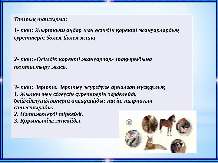 Топтық тапсырма: 1- топ: Жыртқыш аңдар мен өсімдік қоректі жануарлардың суреттерін бөлек-бөлек жина. 2- топ:«Өсімдік қоректі