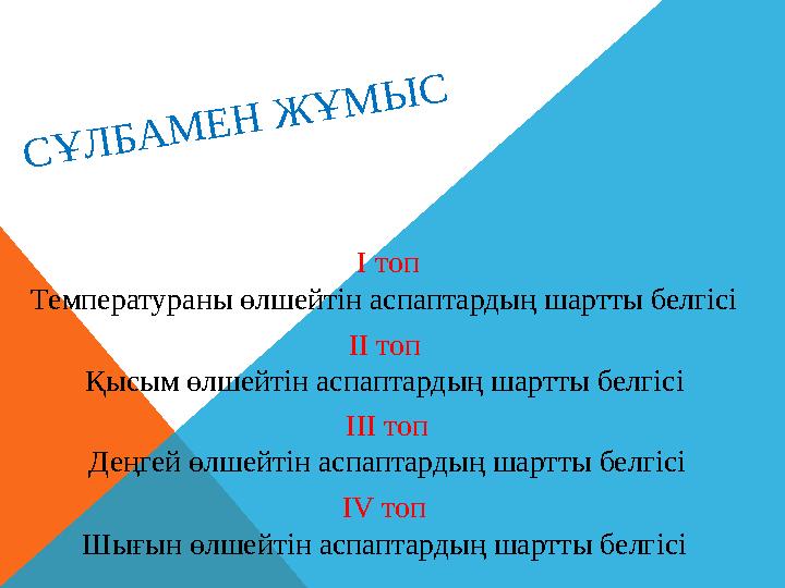 СҰЛБАМЕН ЖҰМЫС I топ Температураны өлшейтін аспаптардың шартты белгісі II топ Қысым өлшейтін аспаптардың шартты белгісі III то