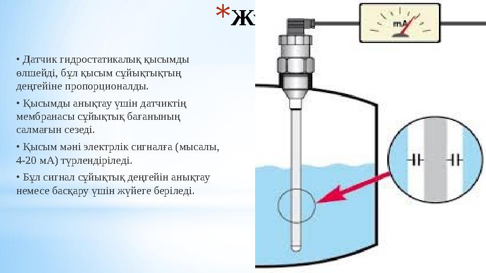 *Жұмыс принципі • Датчик гидростатикалық қысымды өлшейді, бұл қысым сұйықтықтың деңгейіне пропорционалды. • Қысымды анықтау үш