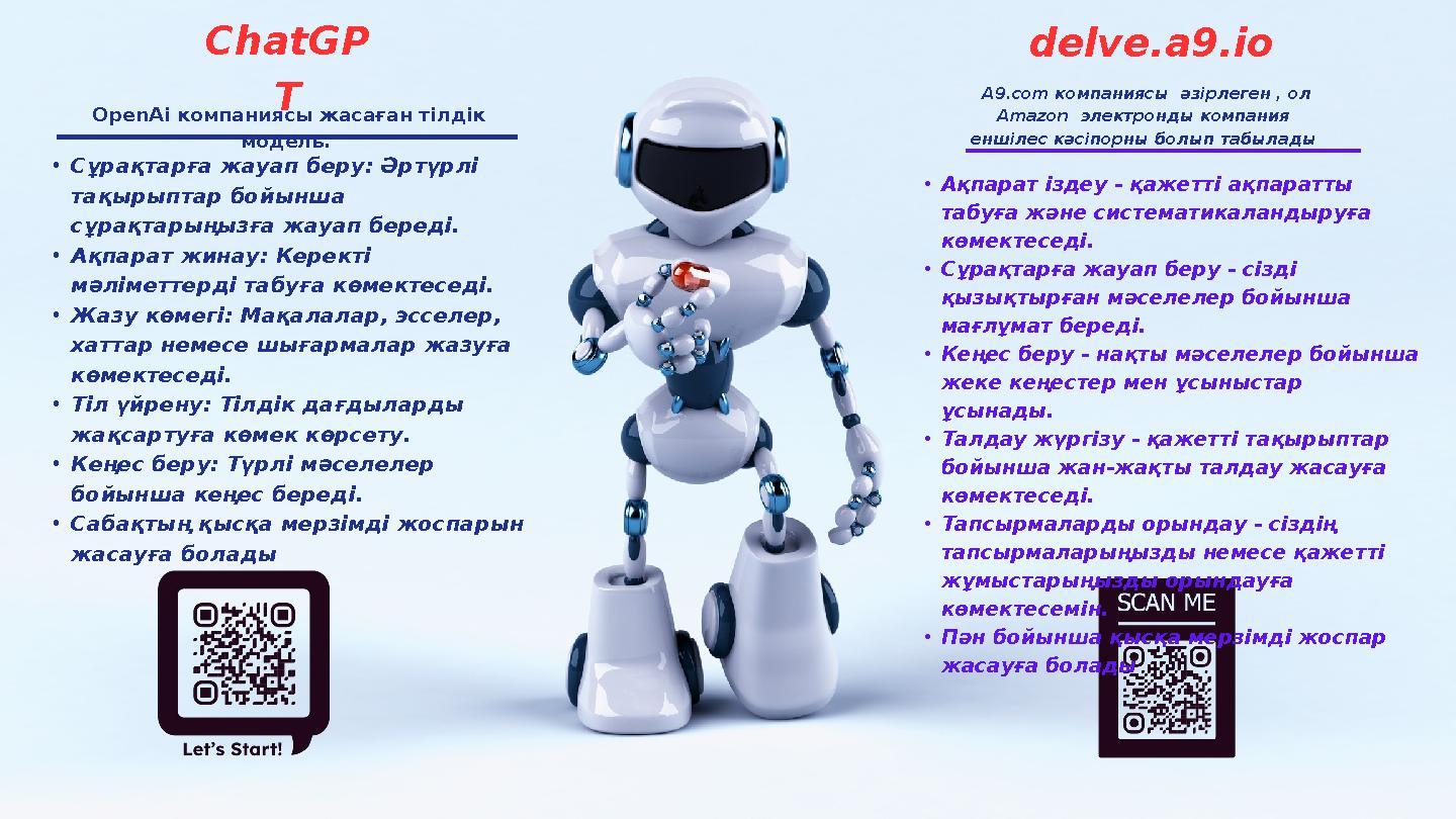 ChatGP T •Сұрақтарға жауап беру: Әртүрлі тақырыптар бойынша сұрақтарыңызға жауап береді. •Ақпарат жинау: Керекті мәліметтерді