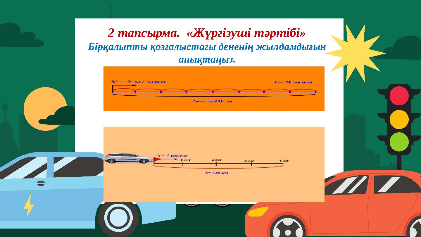2 тапсырма. «Жүргізуші тәртібі» Бірқалыпты қозғалыстағы дененің жылдамдығын анықтаңыз.