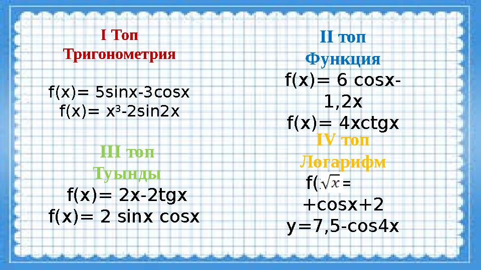 I Топ Тригонометрия f(x)= 5sinx-3cosx f(x)= x 3 -2sin2x III топ Туынды f(x)= 2x-2tgx f(x)= 2 sinx cosx II топ Функция f(x)= 6
