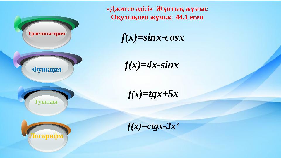 Тригонометрия Функция Туынды Логарифм f(x)=sinx-cosx f(x)=4x-sinx f(x)=tgx+5x f(x)=ctgx-3x 2 «Джигсо әдісі» Жұптық жұмыс Оқулы