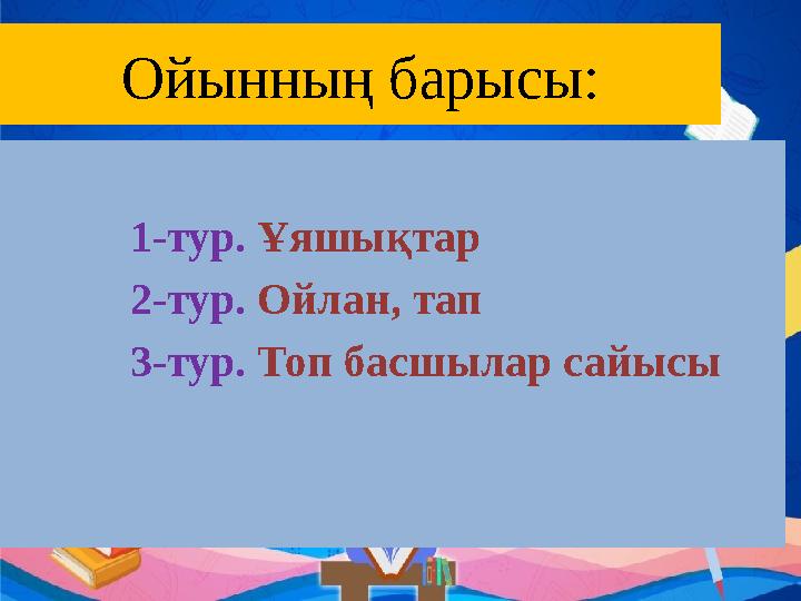 Ойынның барысы: 1-тур. Ұяшықтар 2-тур. Ойлан, тап 3 -тур. Топ басшылар сайысы