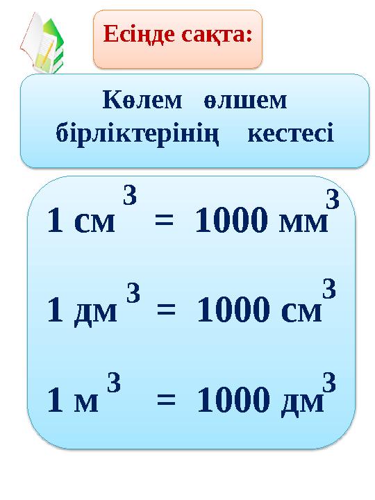 Есіңде сақта: Көлем өлшем бірліктерінің кестесі 1 см = 1000 мм 1 дм = 100 0 см 1 м = 100 0 дм3 3 3 3 3