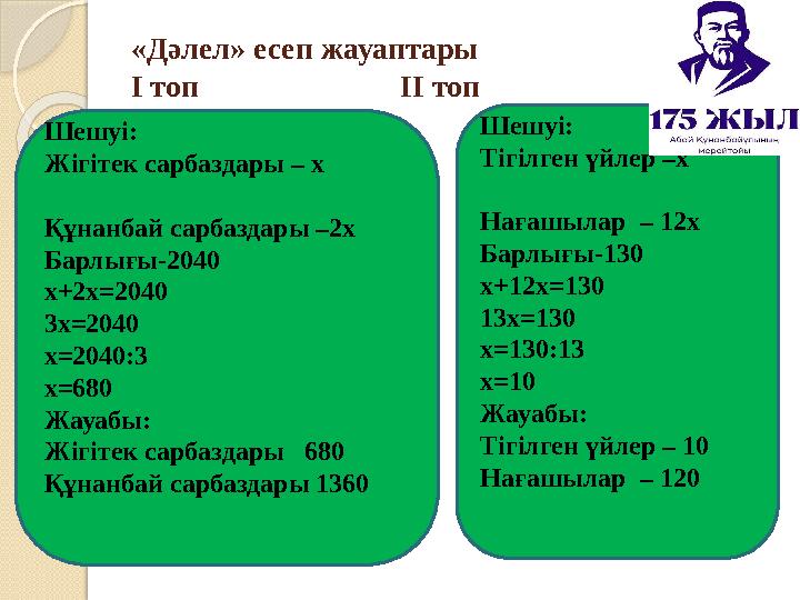 «Дәлел» есеп жауаптары І топ ІІ топ Шешуі: Жігітек сарбаздары – х Құнанбай сарб