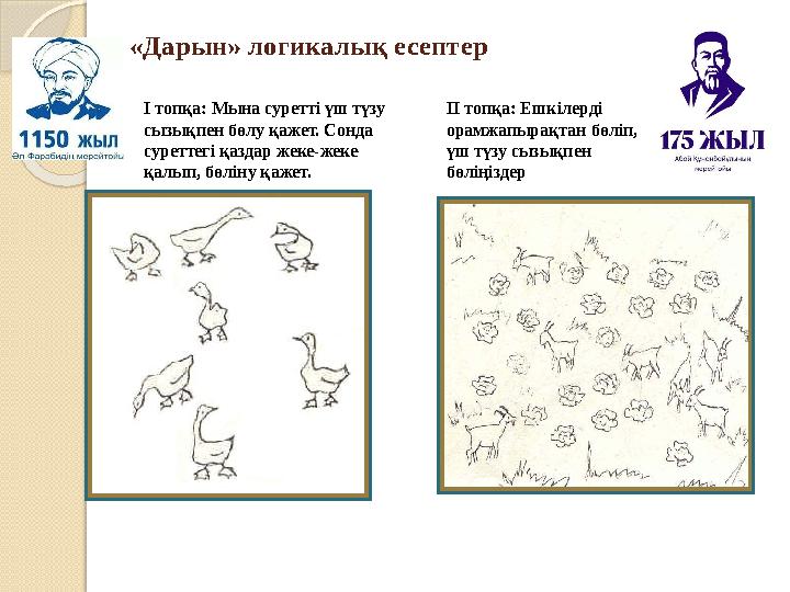 «Дарын» логикалық есептер І топқа: Мына суретті үш түзу сызықпен бөлу қажет. Сонда суреттегі қаздар жеке-жеке қалып, бөліну қ