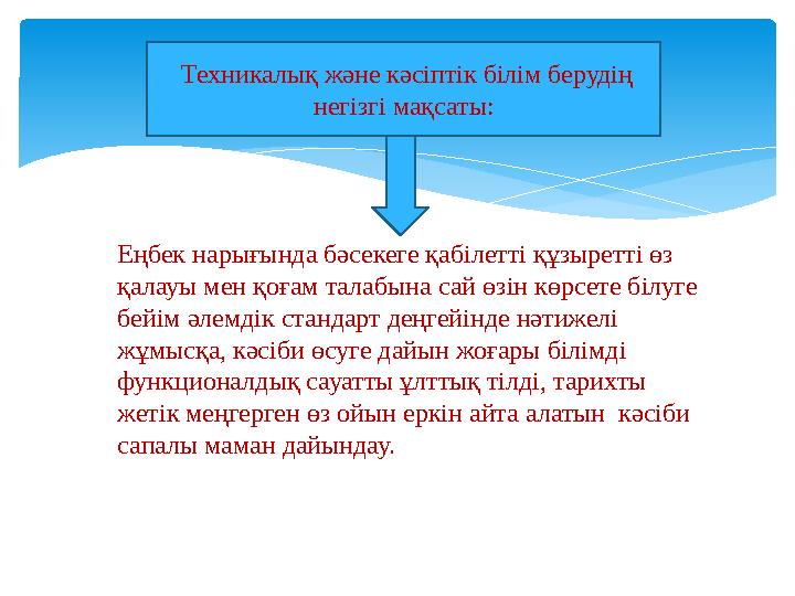 Еңбек нарығында бәсекеге қабілетті құзыретті өз қалауы мен қоғам талабына сай өзін көрсете білуге бейім әлемдік стандарт деңге