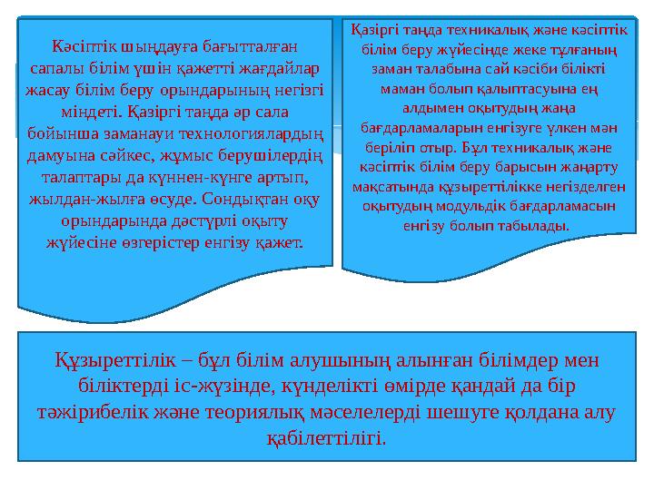 Кәсіптік шыңдауға бағытталған сапалы білім үшін қажетті жағдайлар жасау білім беру орындарының негізгі міндеті. Қазіргі таңда