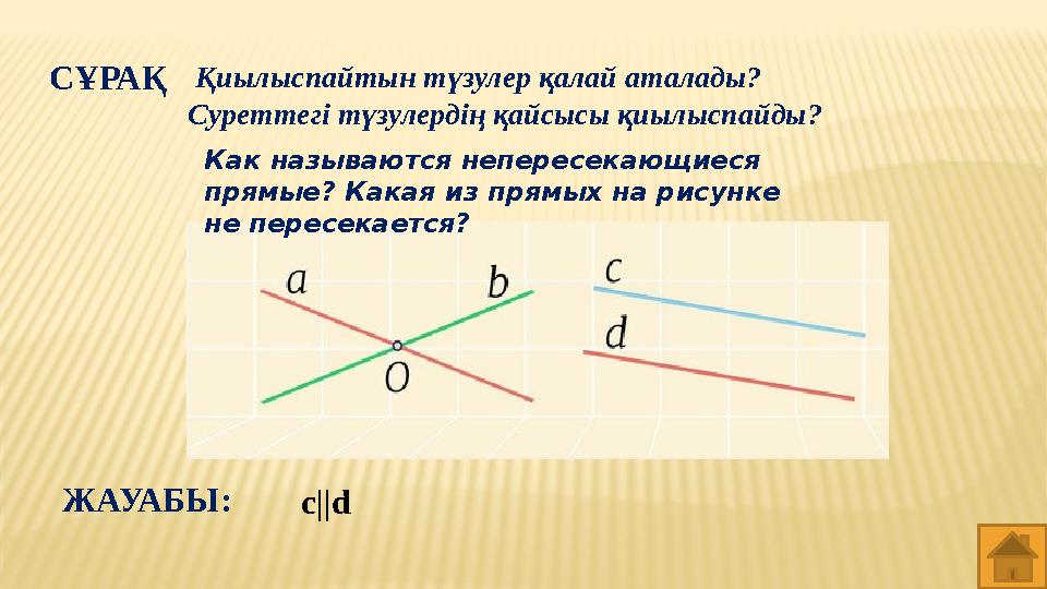 СҰРАҚ Қиылыспайтын түзулер қалай аталады? Суреттегі түзулердің қайсысы қиылыспайды? c||dЖАУАБЫ: Как называются непересекающие