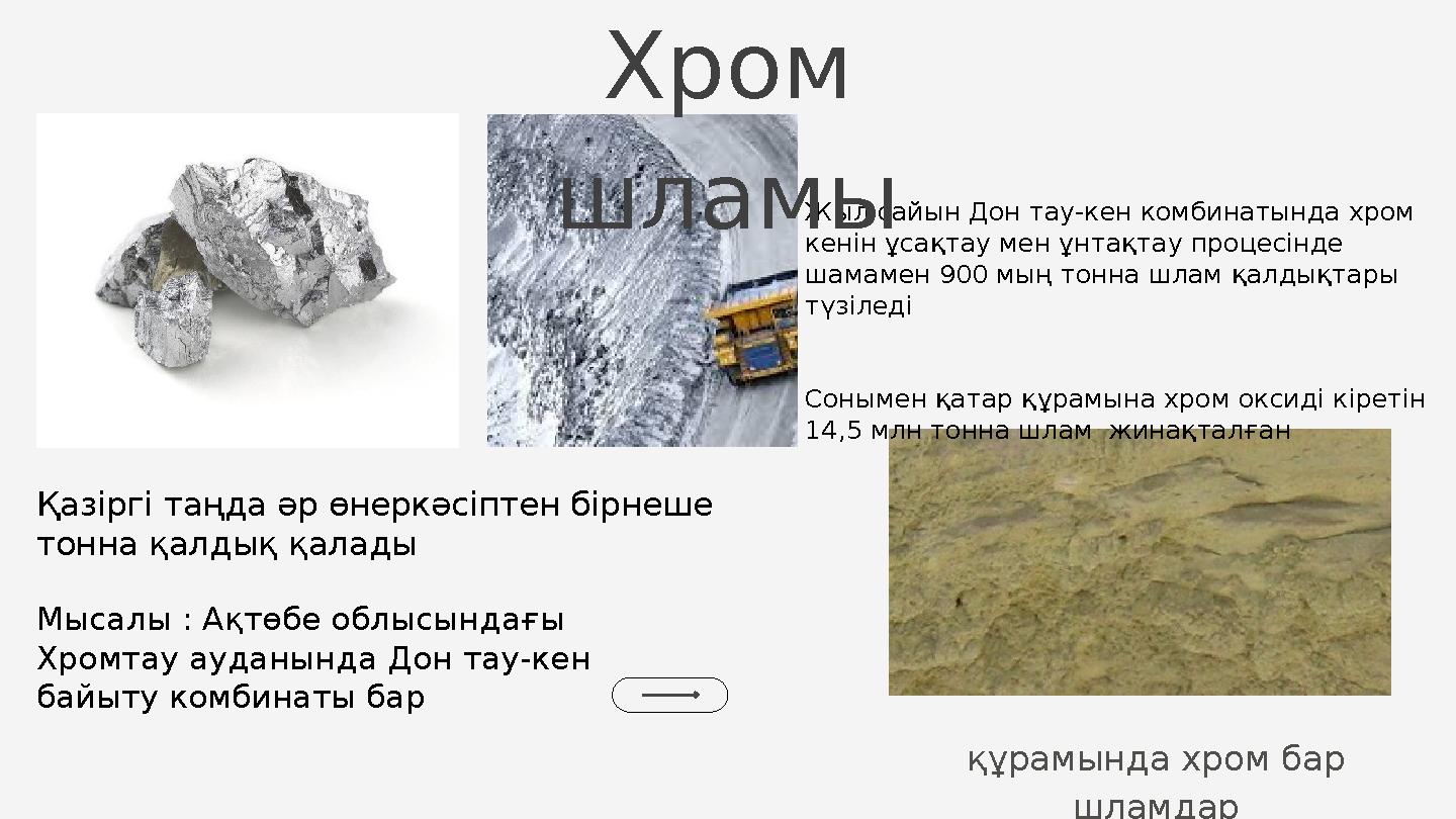 Жыл сайын Дон тау-кен комбинатында хром кенін ұсақтау мен ұнтақтау процесінде шамамен 900 мың тонна шлам қалдықтары түзіледі