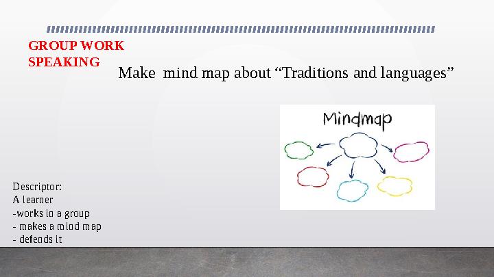 GROUP WORK SPEAKING Make mind map about “Traditions and languages” Descriptor: A learner -works in a group - makes a mind map
