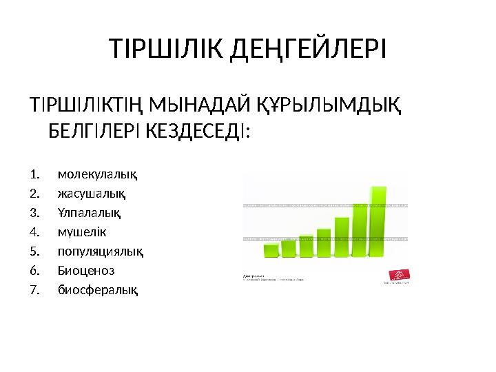 ТІРШІЛІК ДЕҢГЕЙЛЕРІ ТІРШІЛІКТІҢ МЫНАДАЙ ҚҰРЫЛЫМДЫҚ БЕЛГІЛЕРІ КЕЗДЕСЕДІ: 1. молекулалық 2. жасушалық 3. Ұлпалалық 4. мүшелік 5.