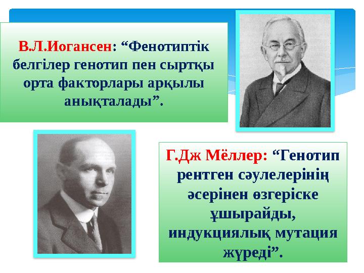 В.Л.Иогансен : “Фенотиптік белгілер генотип пен сыртқы орта факторлары арқылы анықталады”. Г.Дж М ё ллер: “Генотип рентген