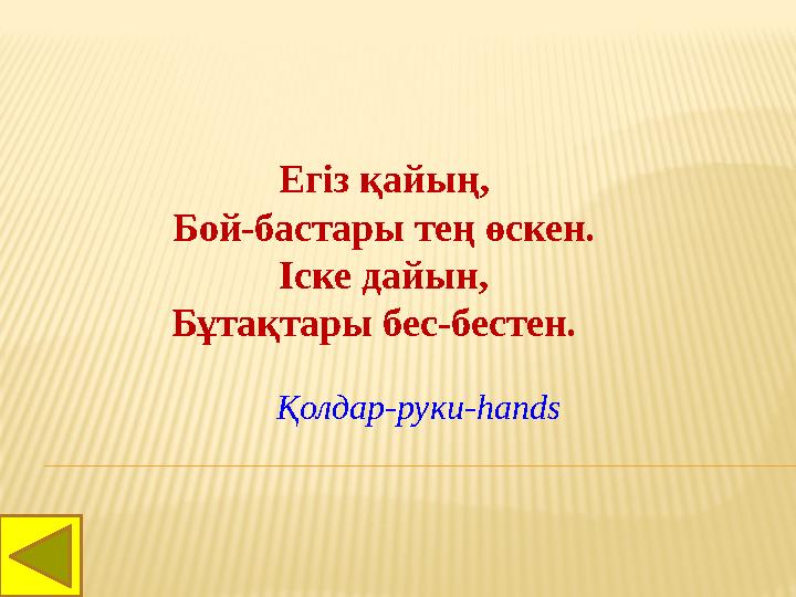 Егіз қайың, Бой-бастары тең өскен. Іске дайын, Бұтақтары бес-бестен. Қолдар-руки- hands