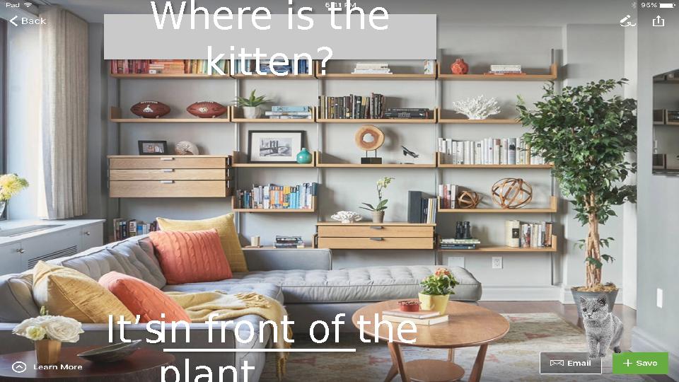 Where is the kitten? It’s__________ in front of the plant.