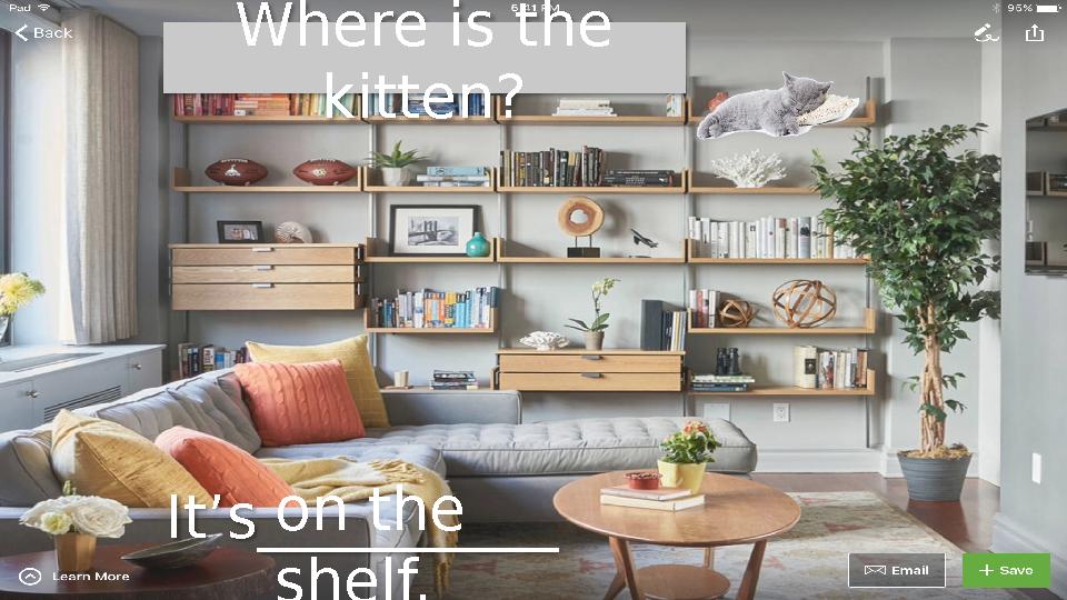 Where is the kitten? It’s__________ on the shelf.