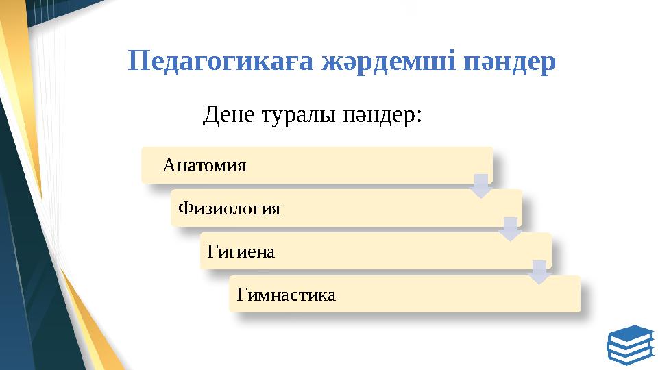 Педагогикаға жәрдемші пәндер Дене туралы пәндер : Анатомия Физиология Гигиена