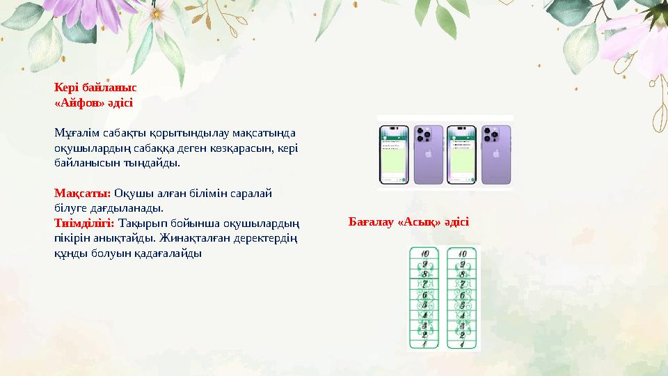 Кері байланыс «Айфон» әдісі Мұғалім сабақты қорытындылау мақсатында оқушылардың сабаққа деген көзқарасын, кері байланысын ты