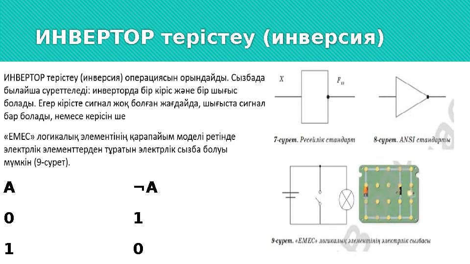 ИНВЕРТОР терістеу (инверсия) А ¬А 0 1 1 0