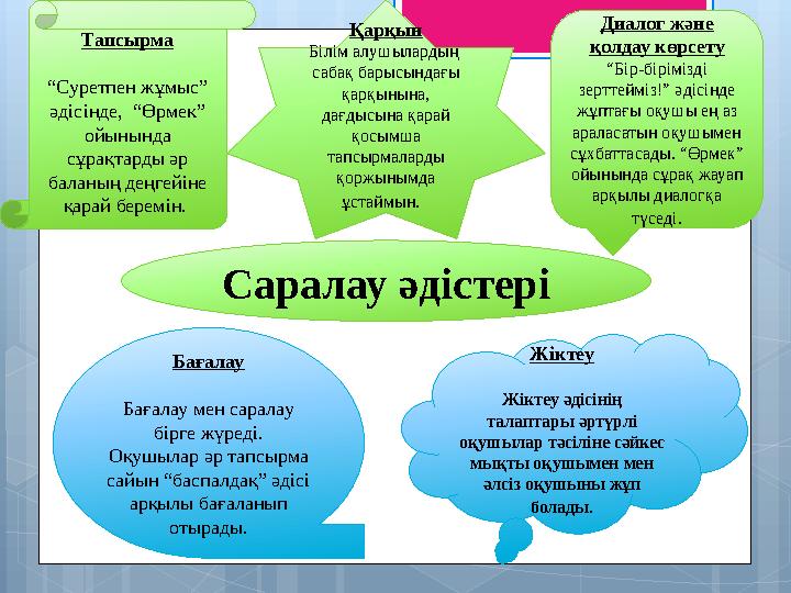 Саралау әдістеріТапсырма “ Суретпен жұмыс” әдісінде, “Өрмек” ойынында сұрақтарды әр баланың деңгейіне қарай беремін. Қарқ