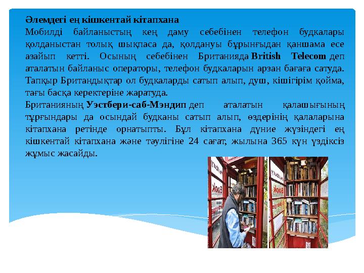 Әлемдегі ең кішкентай кітапхана Мобилді байланыстың кең даму себебінен телефон будкалары қолданыстан толық шықпаса да,