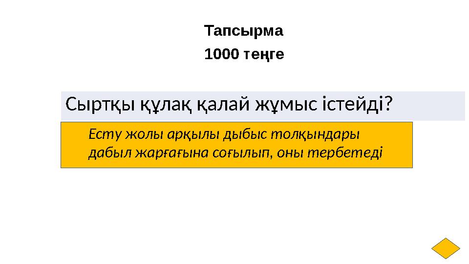 Тапсырма 1000 теңге Есту жолы арқылы дыбыс толқындары дабыл жарғағына соғылып, оны тербетедіСыртқы құлақ қалай жұмыс істейді?