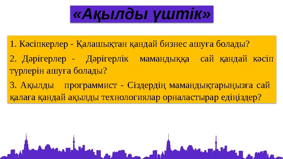 «Ақылды үштік» 1. Кәсіпкерлер - Қалашықтан қандай бизнес ашуға болады? 2. Дәрігерлер - Дәрігерлік мамандыққа сай қан