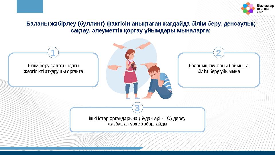 Баланы жәбірлеу (буллинг) фактісін анықтаған жағдайда білім беру, денсаулық сақтау, әлеуметтік қорғау ұйымдары мыналарға: білім