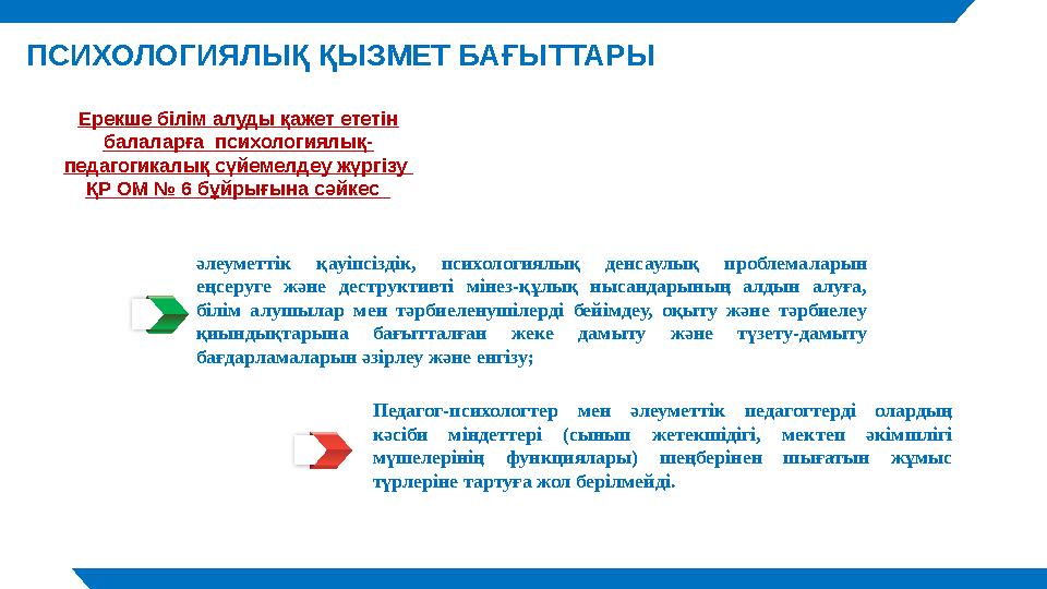 Ерекше білім алуды қажет ететін балаларға психологиялық- педагогикалық сүйемелдеу жүргізу ҚР ОМ № 6 бұйрығына сәйкес ПСИХОЛО