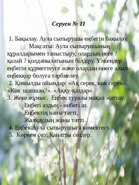 Серуен № 11 1. Бақылау. Аула сыпырушы еңбегін бақылау. Мақсаты: Аула сыпырушының құралдарымен таныст
