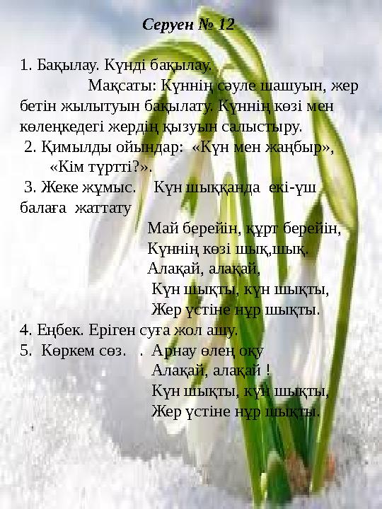 Серуен № 12 1. Бақылау. Күнді бақылау. Мақсаты: Күннің сәуле шашуын, жер бетін жылытуын бақылату.