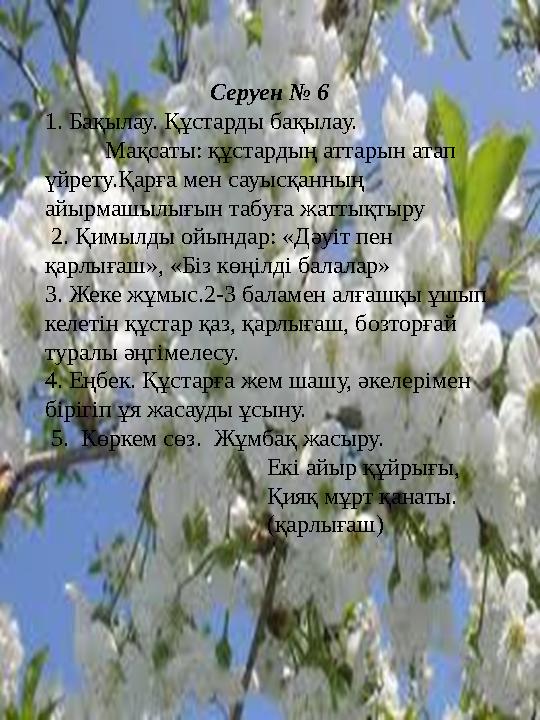 Серуен № 6 1. Бақылау. Құстарды бақылау. Мақсаты: құстардың аттарын атап үйрету.Қарға мен сауысқанның айырмашылы