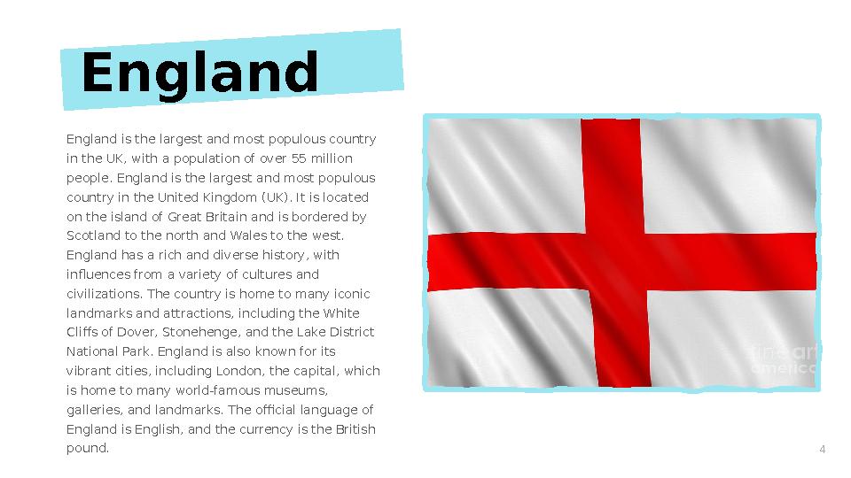 4England England is the largest and most populous country in the UK, with a population of over 55 million people. England is t