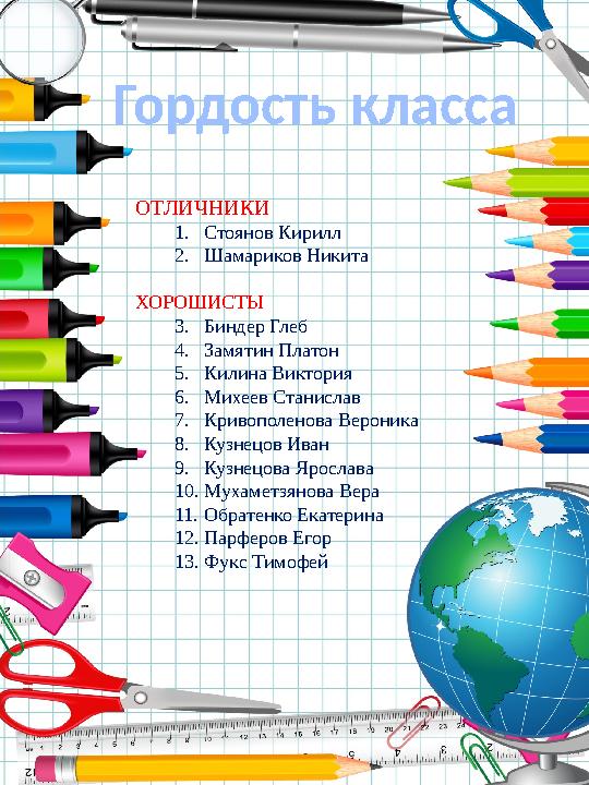Гордость класса ОТЛИЧНИКИ 1. Стоянов Кирилл 2. Шамариков Никита ХОРОШИСТЫ 3. Биндер Глеб 4. Замятин Платон 5. Килина Виктория 6.