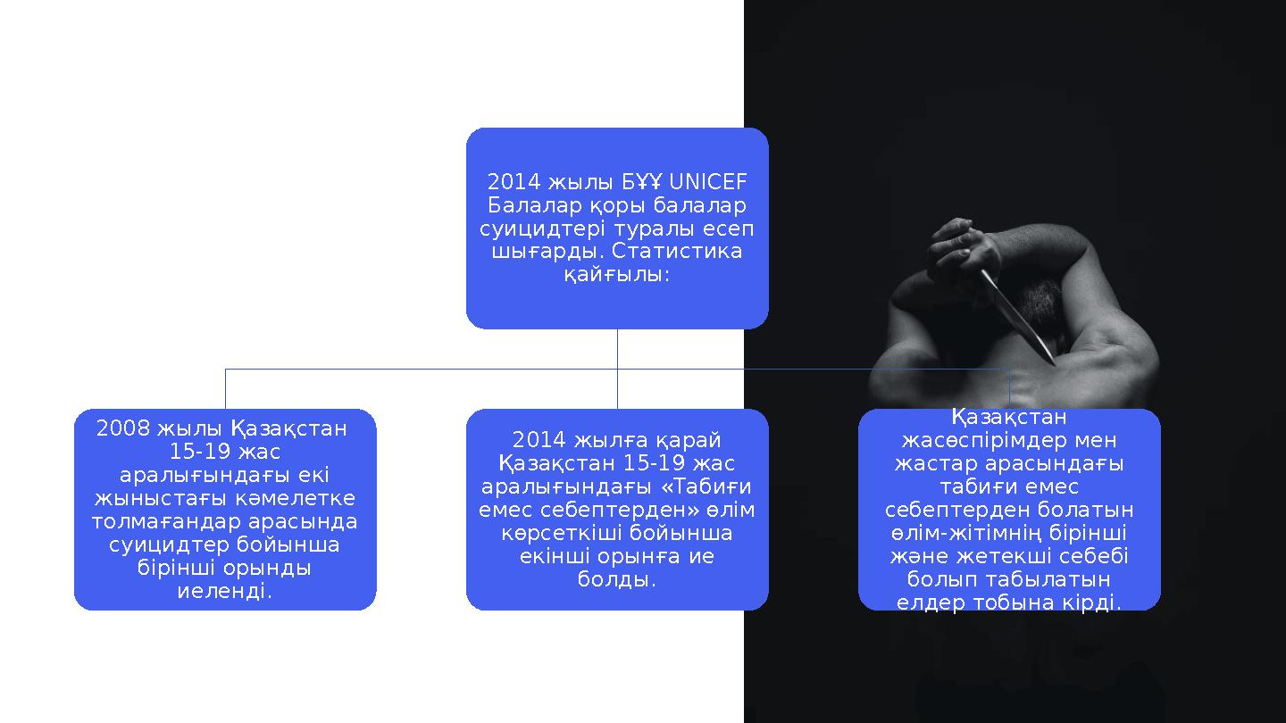 2014 жылы БҰҰ UNICEF Балалар қоры балалар суицидтері туралы есеп шығарды. Статистика қайғылы: 2008 жылы Қазақстан 15-19